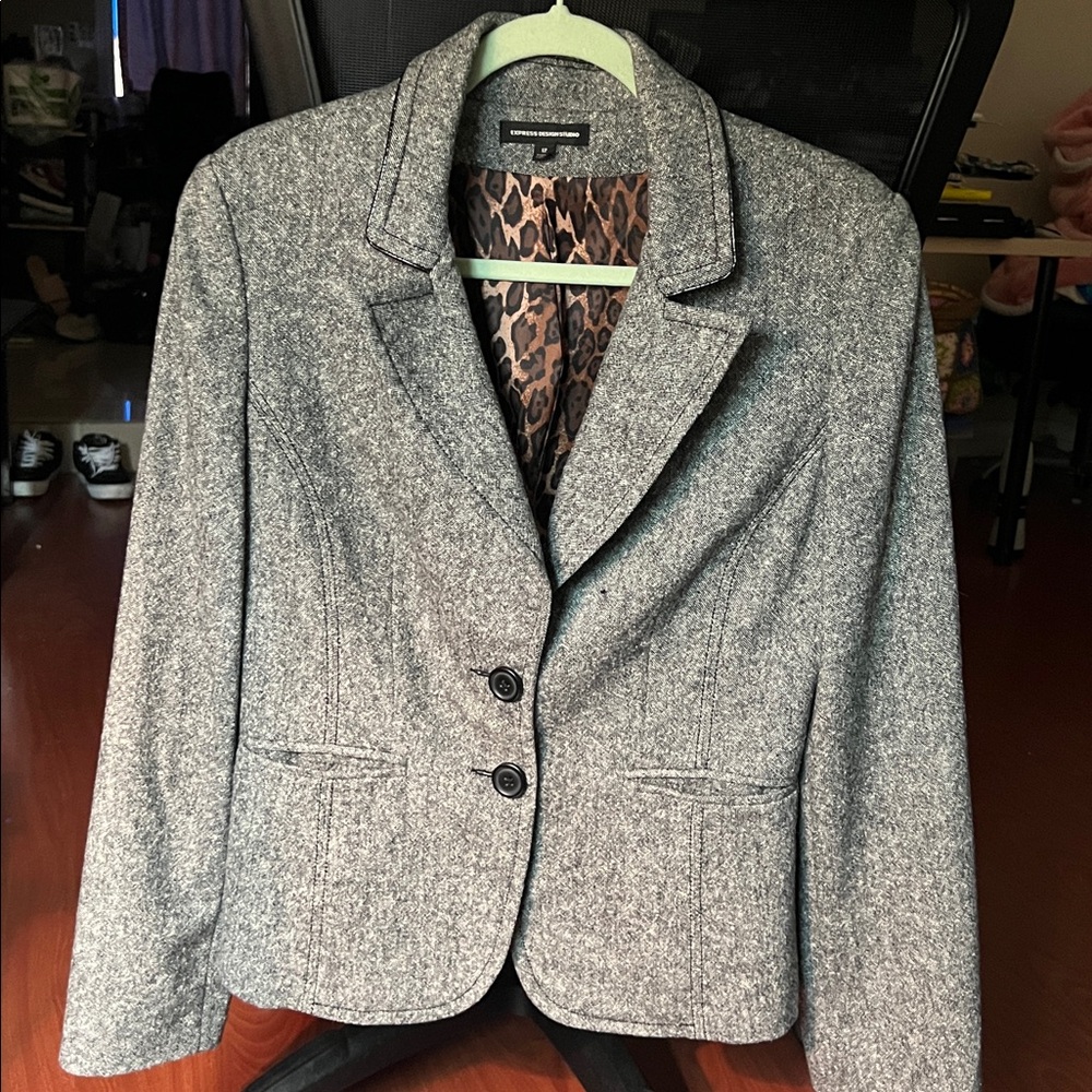 Express Gray Tweed Blazer with Leopard Lining